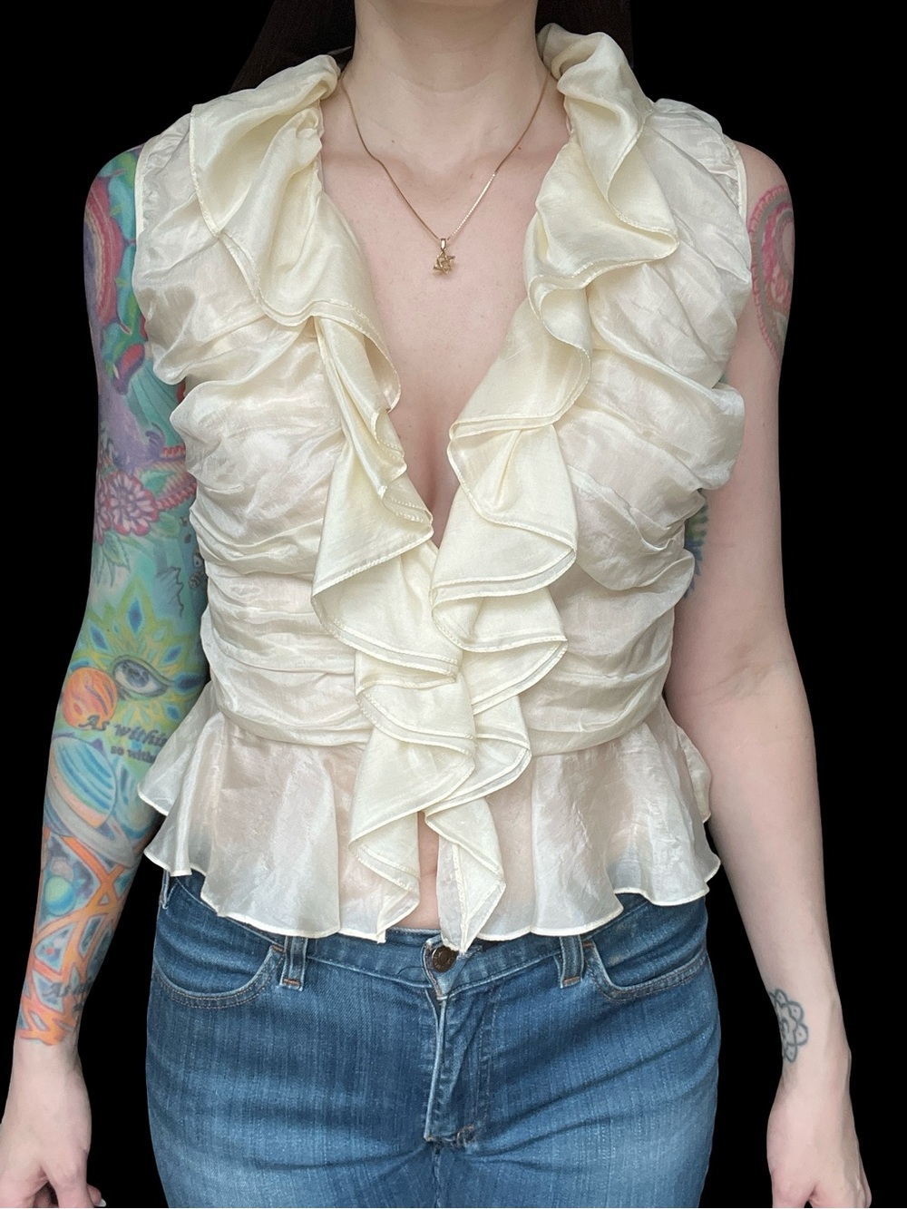 Vintage RALPH LAUREN Y2K Ivory White Tissue Silk Ruffled Blouse